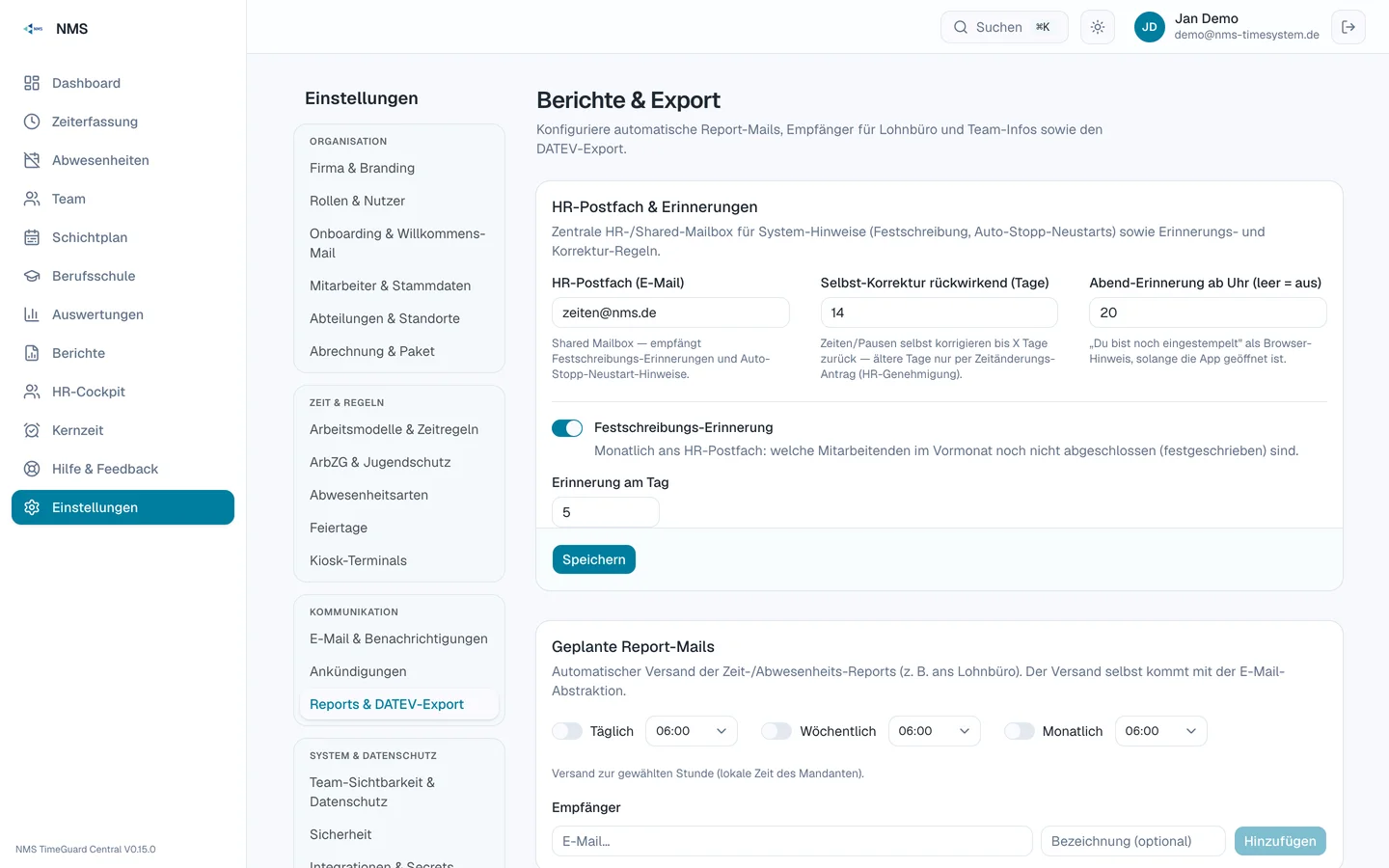 Vidada-Auswertung: Monatsbericht mit Zuschlagsspalten und DATEV-Export-Schaltfläche